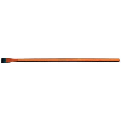 An orange, flat chisel with a black cutting edge, positioned horizontally.