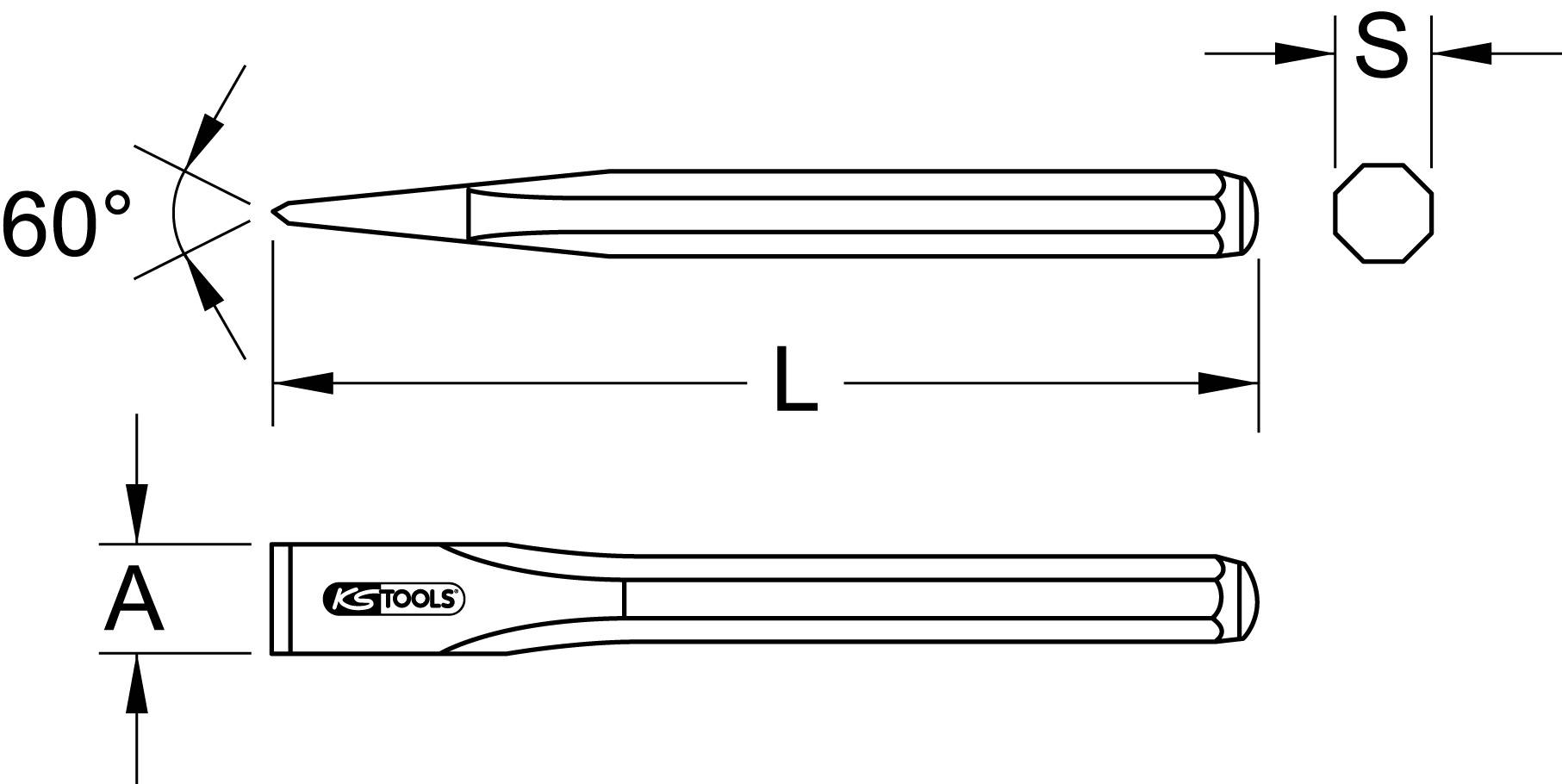 Drawing of a hexagon-headed bolt. The key dimensions are marked with arrows: L for length, S for side size, A for head size.
