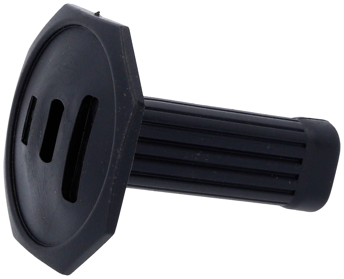 Black plastic handle with an oval, structured form and ribbed grip, potentially a component of a tool or device.