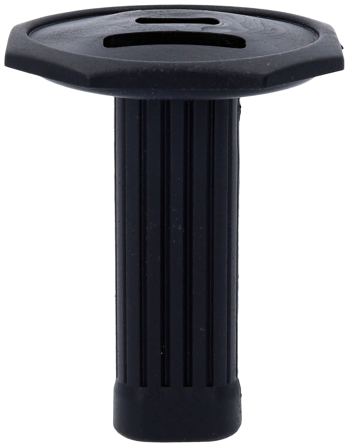 Black plastic handle with grooves, likely part of a tool or sports equipment, isolated on white background.