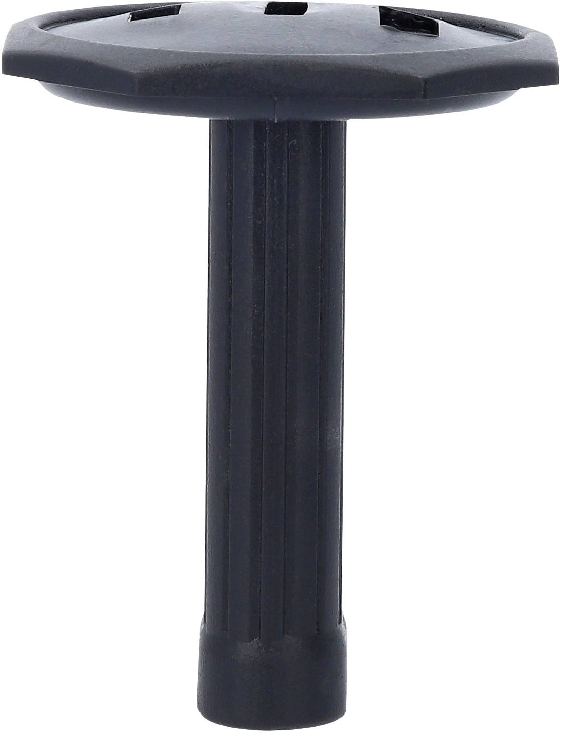 A black plastic base with a ribbed rod. The top surface is flat, round with small slots. Serves as a support or mounting bracket.