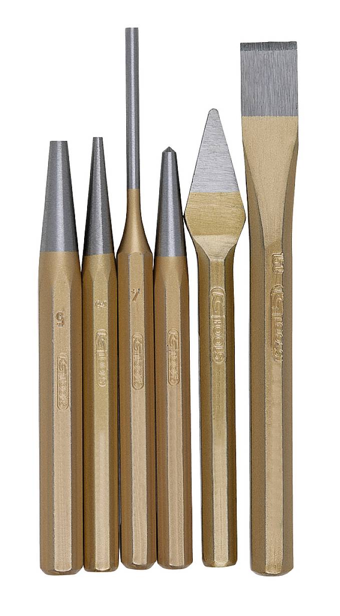 Six metal tools with various tip shapes: Round, pointed and flat. Metalworking tool set.