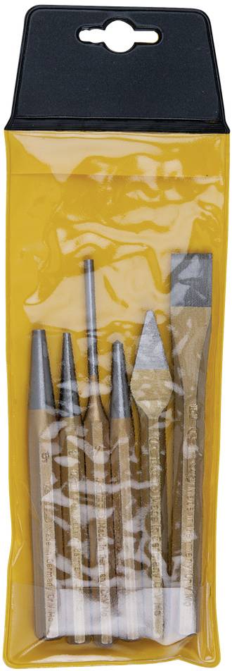 A set of six chisels in a yellow plastic case. The tools have metal tips and wooden handles, suitable for handicrafts.