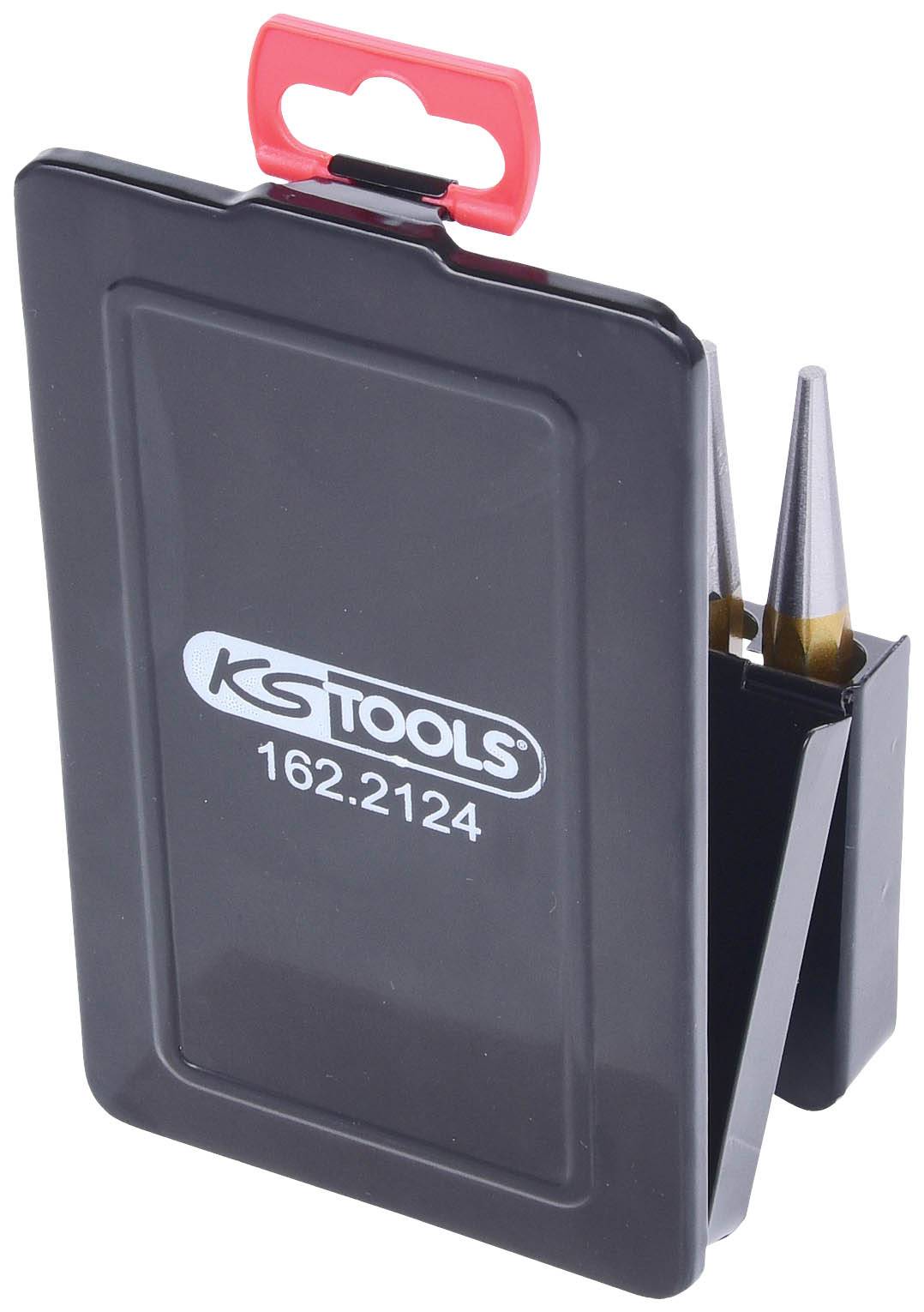 Black plastic tool case with the inscription 'KS TOOLS 162.2124', showing two tapered tools in a holder on the side.