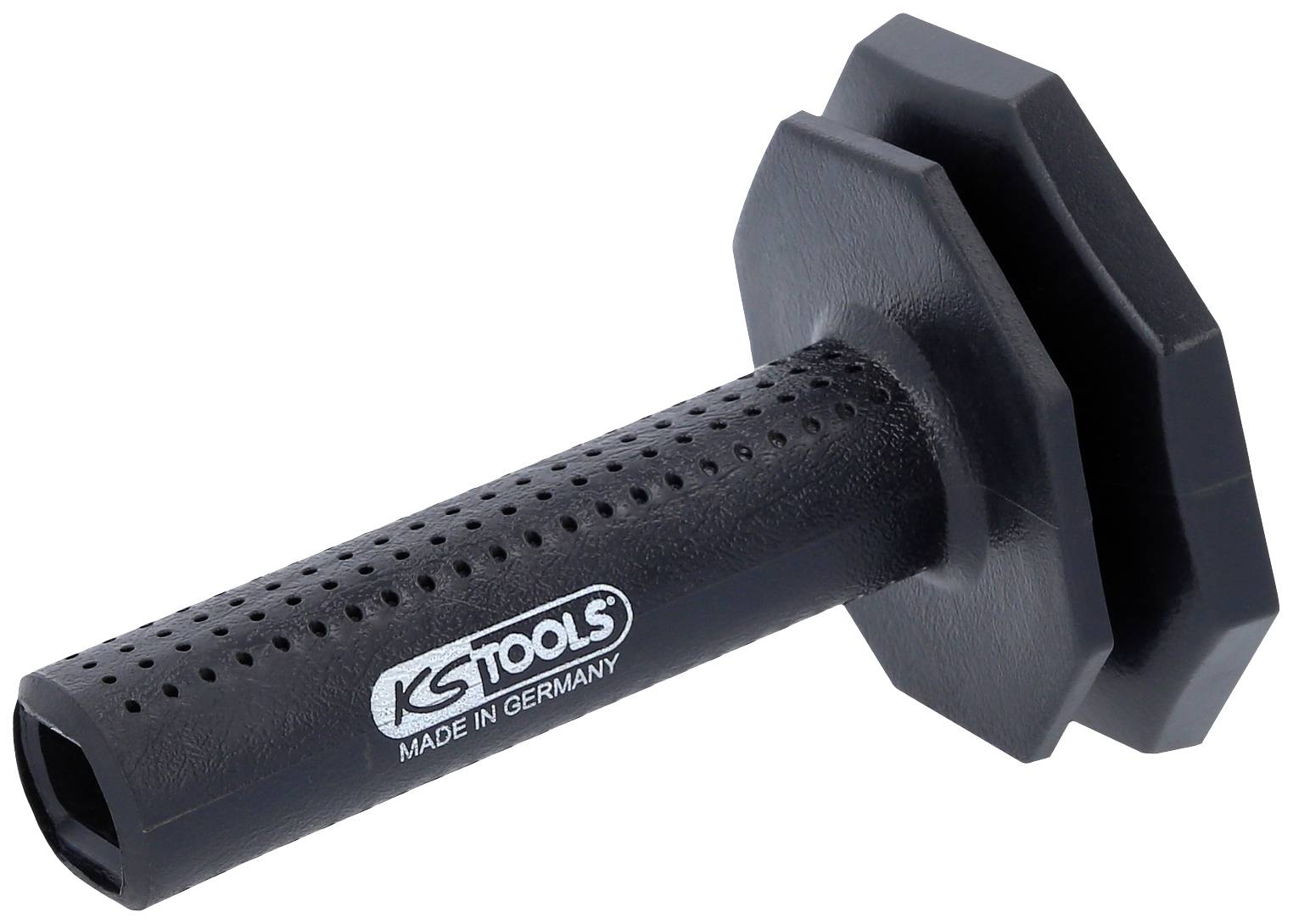 A black plastic handle with holes. Inscription: 'KS TOOLS MADE IN GERMANY'. Suitable for use with tools.