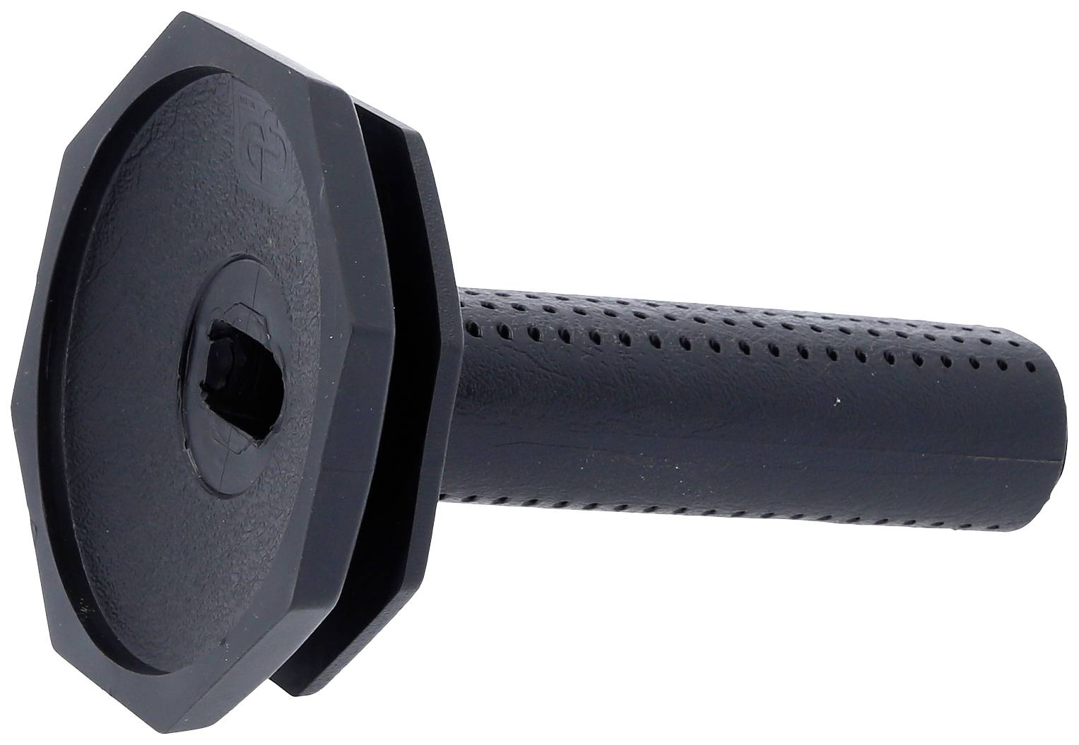 Black plastic screw with hexagonal head and perforated shaft.
