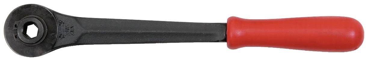 A black ratchet spanner with a red handle, suitable for tightening or loosening nuts and bolts.