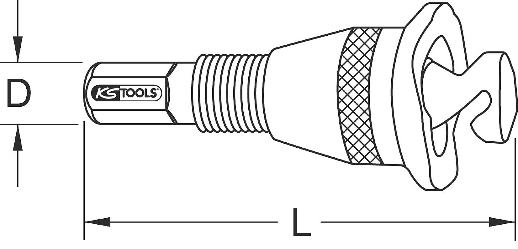 Technical drawing of a tool with dimensions diameter 'D' and length 'L', a knurled grip zone and a distinctive head.