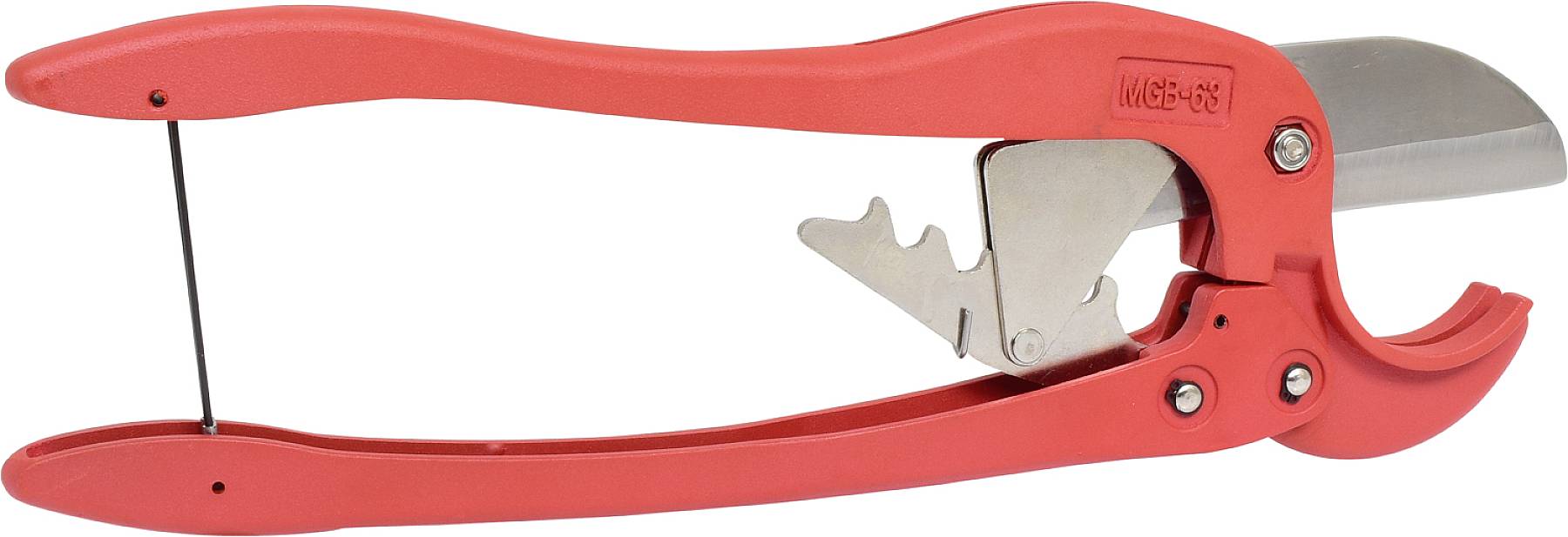 Red pipe cutter with metal blade and handles, suitable for cutting plastic pipes in plumbing installations.