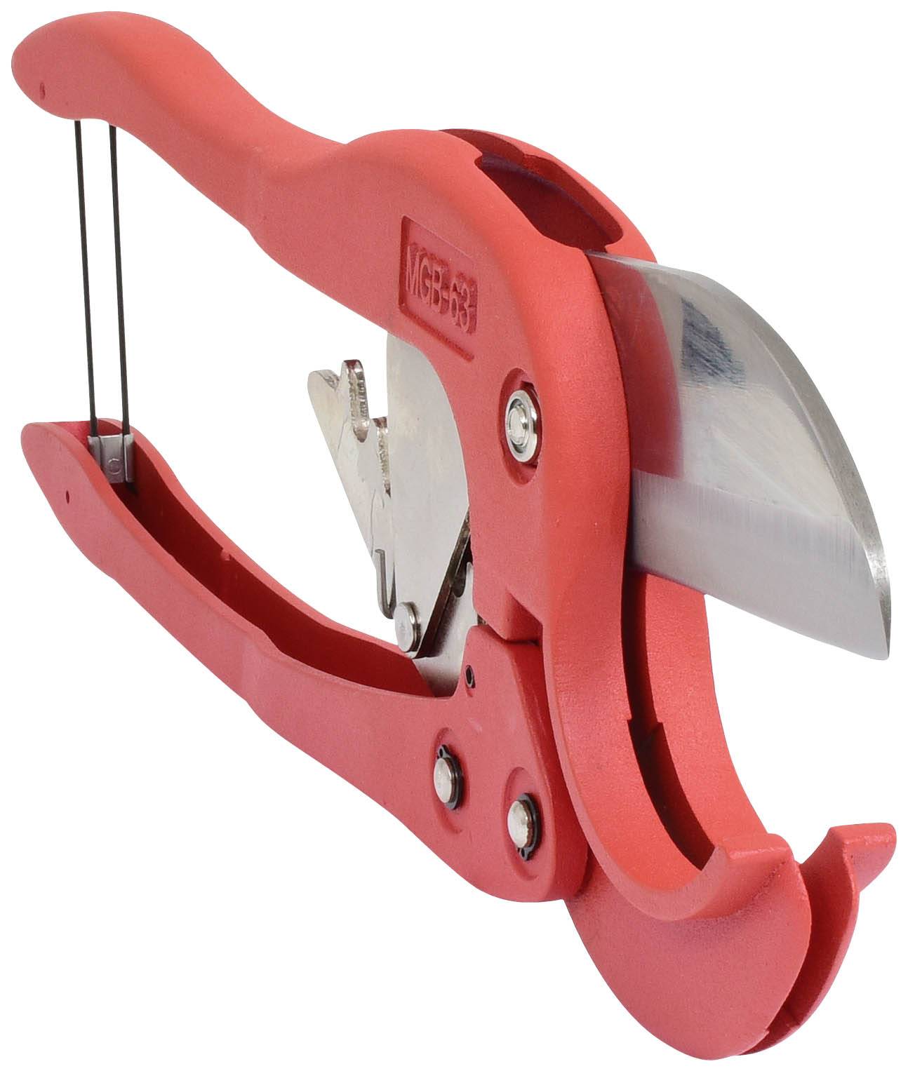 Red plastic pipe cutter with sharp blade, suitable for cutting pipes of various sizes.