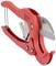 Red plastic pipe cutter with sharp blade, suitable for cutting pipes of various sizes.