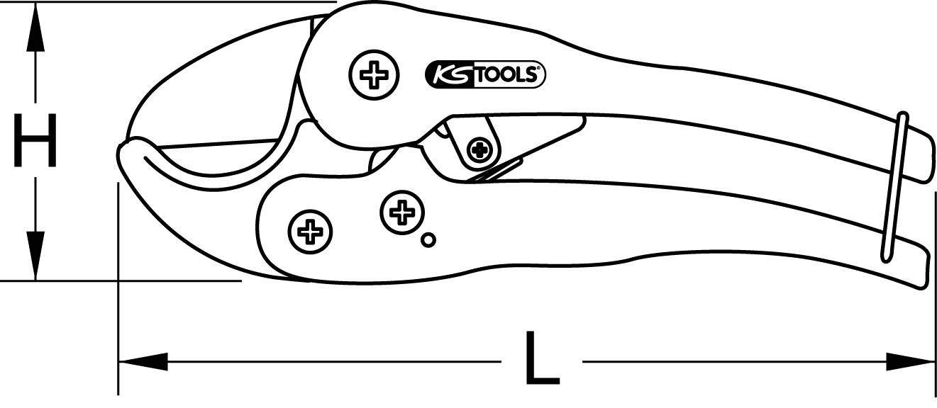 Drawing of a pipe cutter. Dimensions shown: Height ('H') and Length ('L').