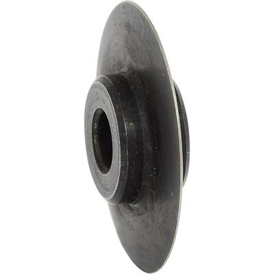 Black, round metal part with a hole in the centre, looking like a disc with a raised edge, presumably a pulley.