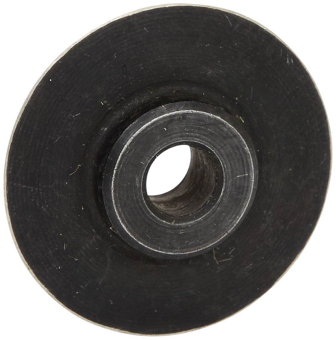 A black grinding wheel with a central hole.