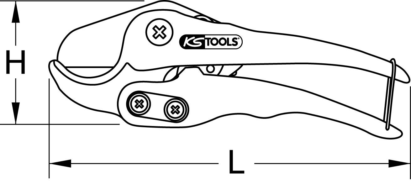 A pair of scissors with the 'KS Tools' logo, measured in length (L) and height (H), shows construction details.