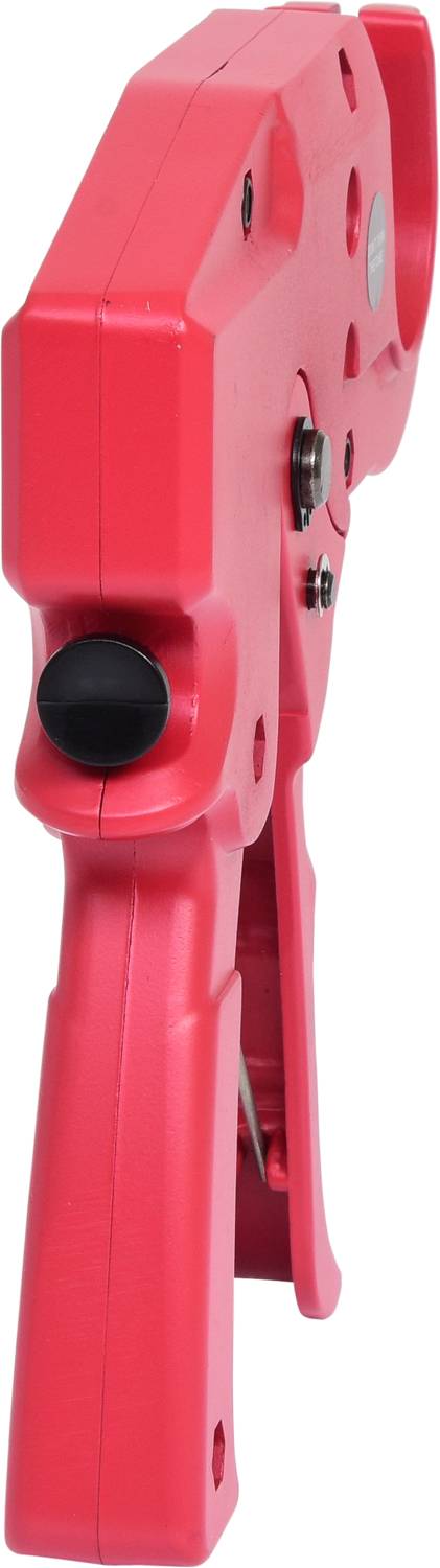 Red plastic price labeller, side view; ergonomic design, black button on top; used for marking prices.