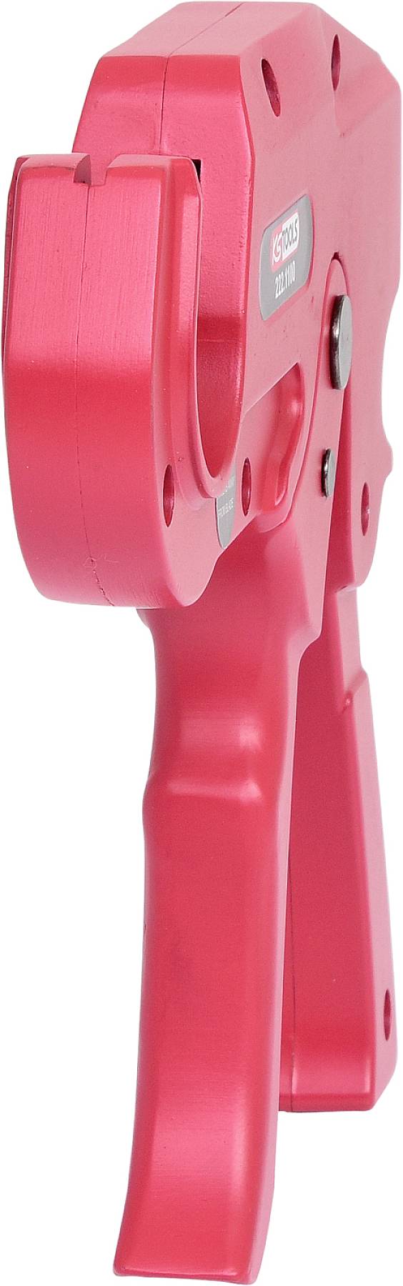A red handheld tool with handles and an opening at its tip. Possibly used for cutting or gripping materials.