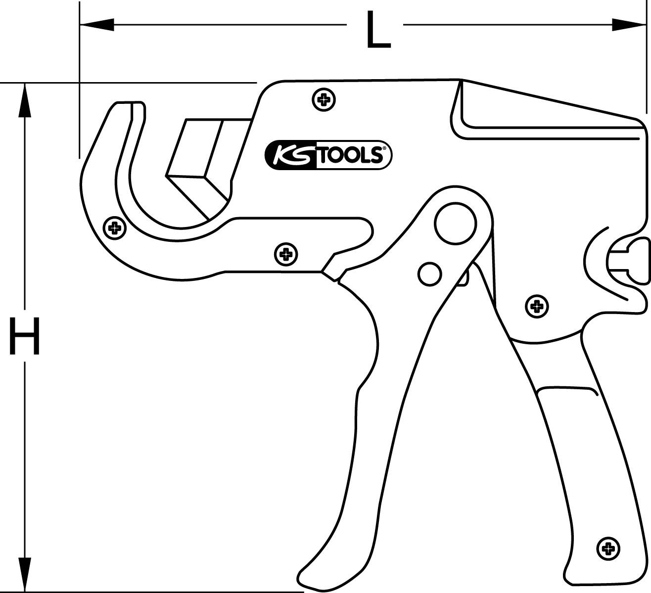 Hose cutter with handle and cutting blade, marked with 'KS TOOLS'. Dimensions 'H' and 'L' shown in the illustration.