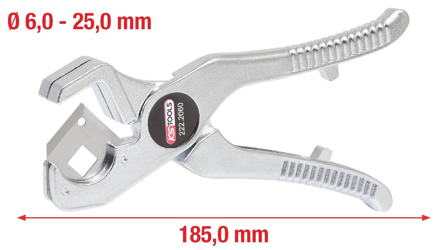 Metal pliers for handling materials with diameters between 6.0 and 25.0 mm, pliers length: 185.0 mm.
