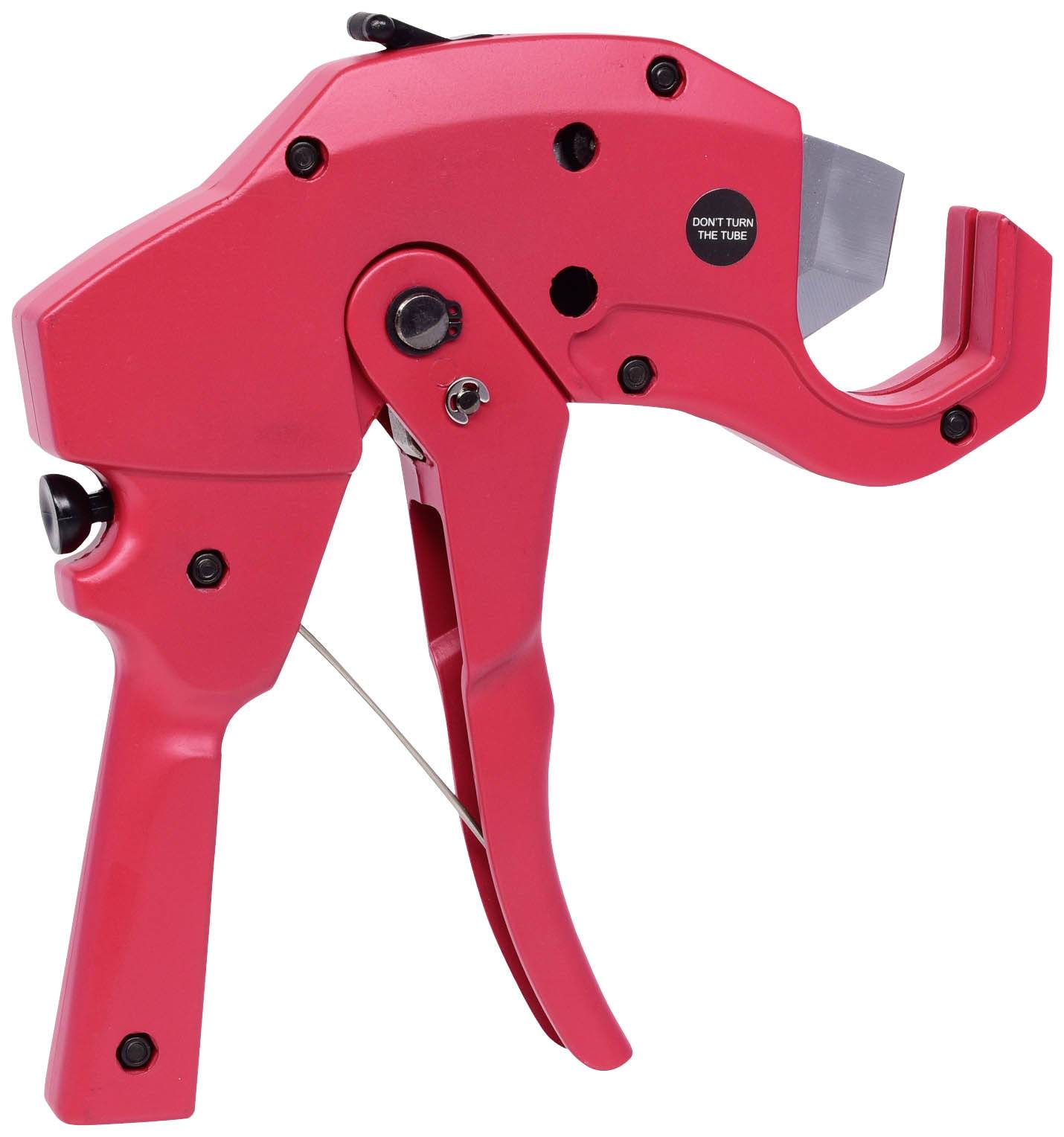 Red insulation holder with handle and lever for securely gripping cables, with note at the top 'DON'T TURN THE THUMB'.