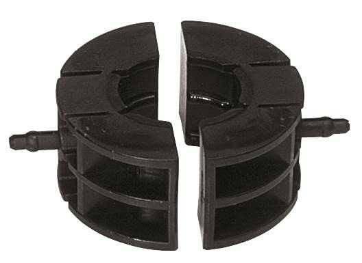 Two-part black plastic pipe clip, opened. Used for securely fastening pipes or cables by compressing.