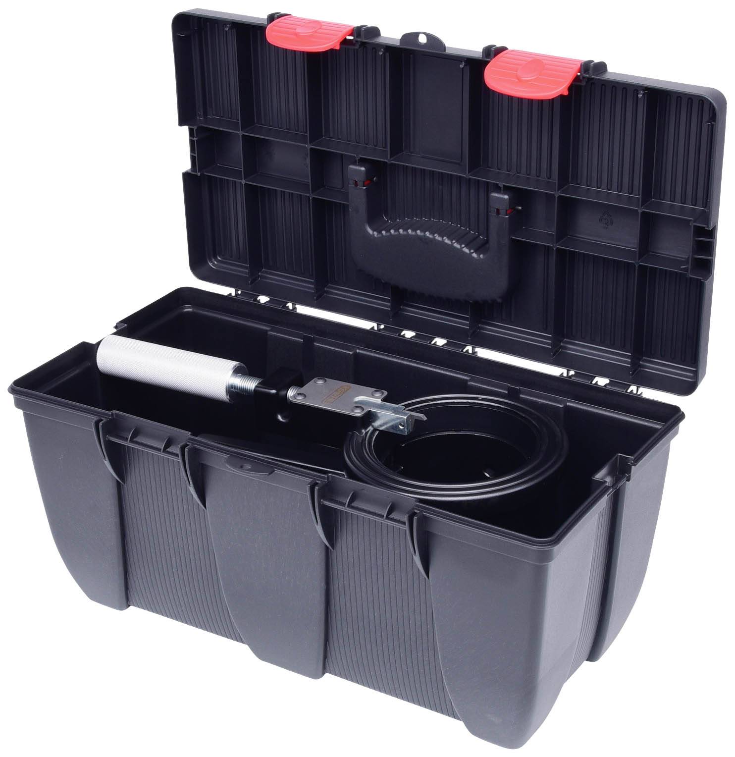 Black toolbox with a red closure, open. Contains a roll with a white handle and an empty winding spool.