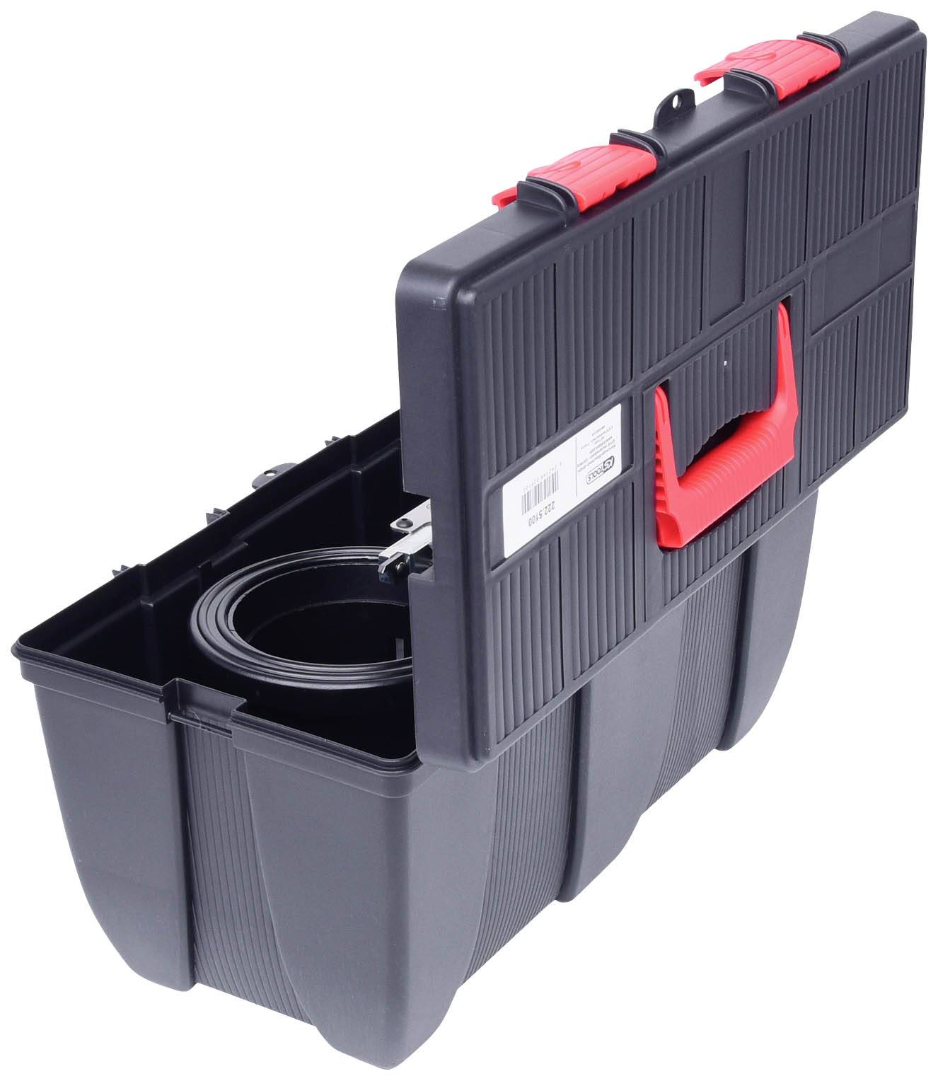 Black plastic toolbox with an open lid, red handle, and two red locks. Inside are cable reels.