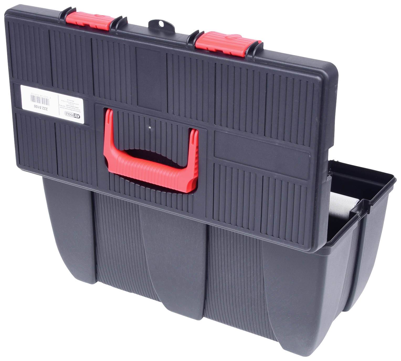 Black tool case with red handles and locks, opened to reveal compartments inside. Ideal for storing tools.