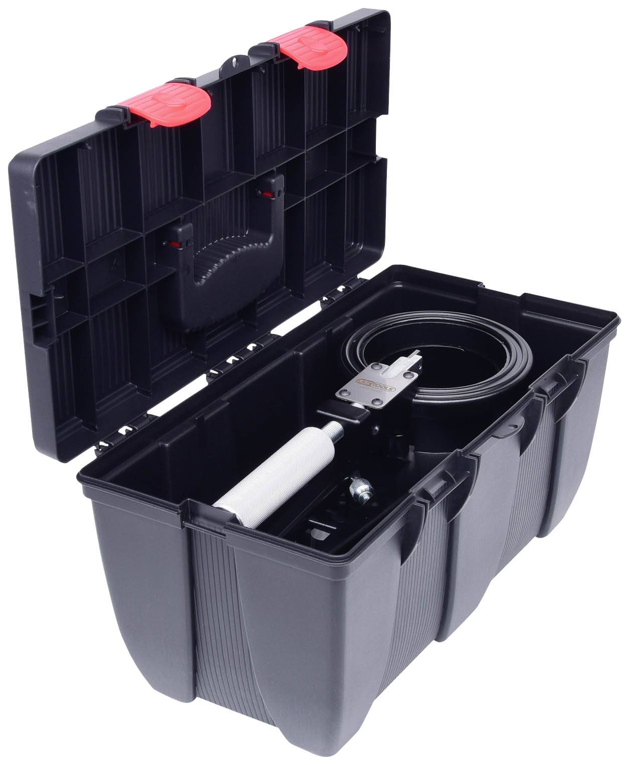 Open black toolbox with removable castors, multiple compartments and a red handle, ideal for storing tools.