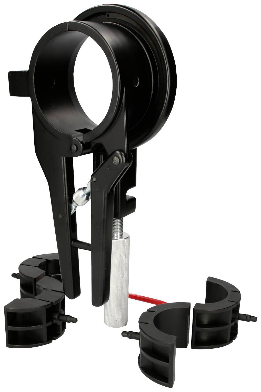 A black pipe cutter with interchangeable blades and handles, suitable for cutting through large metal pipes.