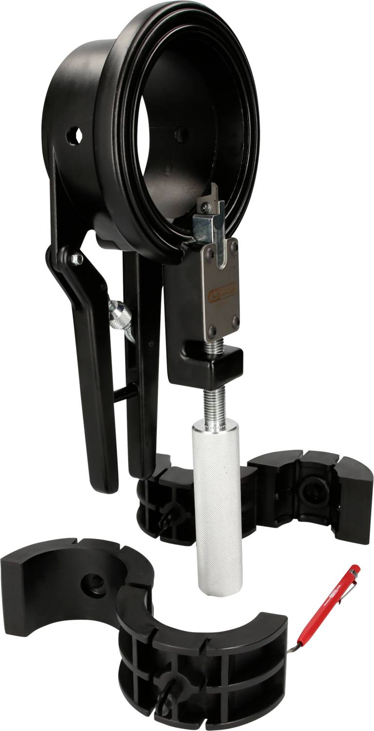 A black, adjustable pipe holder with a screw mechanism and red safety pin, for stabilising pipes.