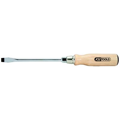 A flat-head screwdriver with a wooden handle and chrome-plated blade, suitable for tightening or loosening slotted screws.