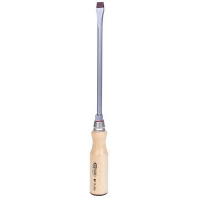 A flathead screwdriver with a wooden handle and silver blade, suitable for working with slotted head screws.