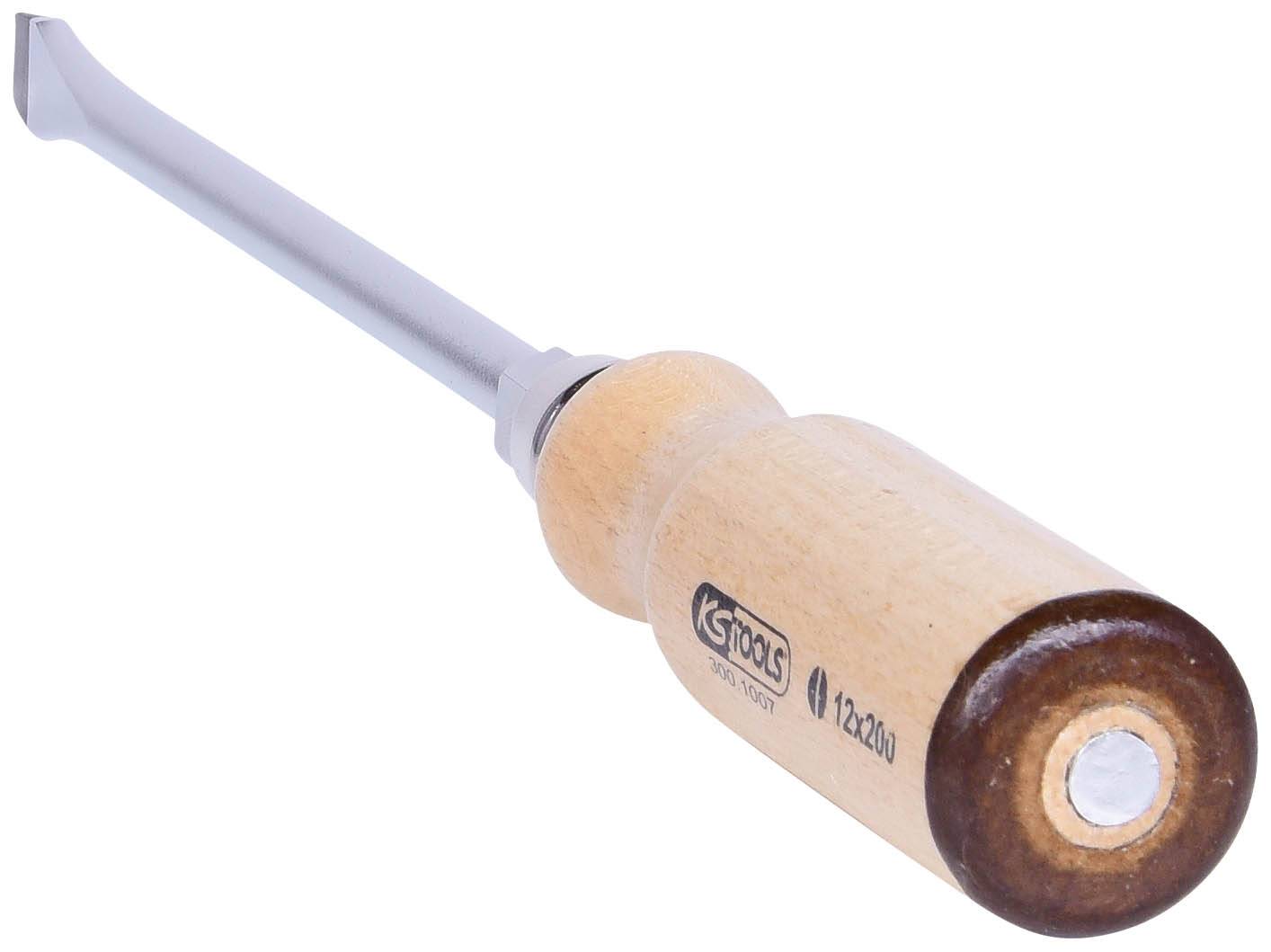 Side view of a chisel with a wooden handle. The brand lettering 'Kirschen' and dimensions '12x200' are printed on the handle. Wood and metal are visible.