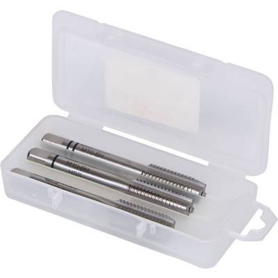 Three silver metal pens with ribbed grips are lying in a transparent plastic box.