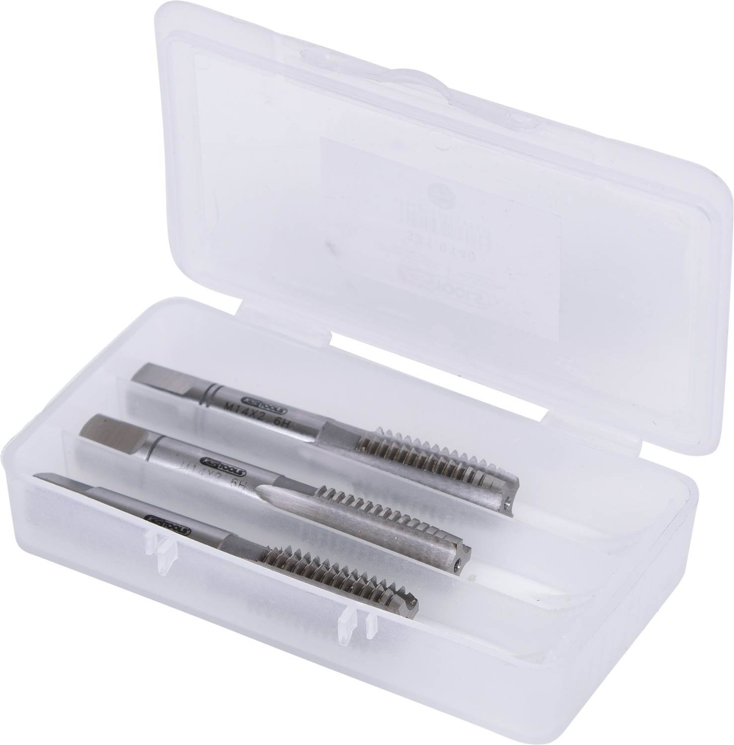 Three tapping tools in an open transparent plastic box, arranged in parallel.