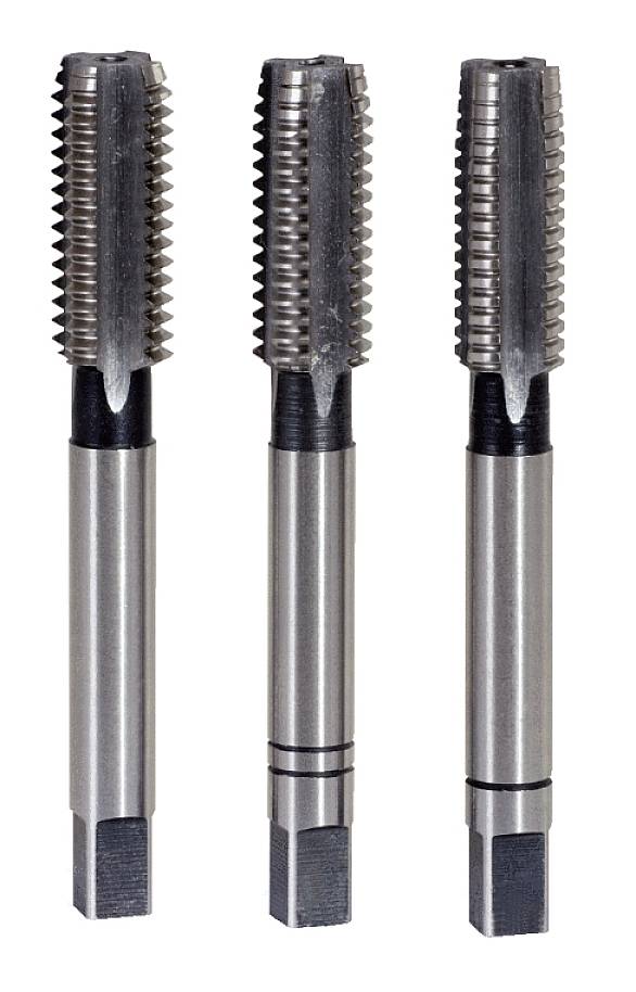 'Three metal tap drills in a row, each with a toothed upper section and smooth shank, on a white background.'