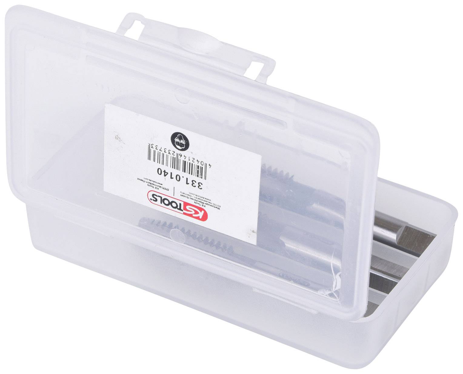 Plastic box containing KSTools saw blades, partially visible, with label. Box is transparent and rectangular in shape.