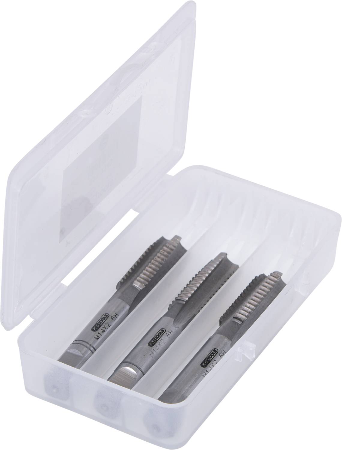 An open plastic container with six metal tools that look like cutting implements. The tools are arranged evenly.