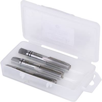 Three metal threading taps in an open, white plastic case, labelled 'Gear Tech Tools'. Suitable for precise thread-cutting work.