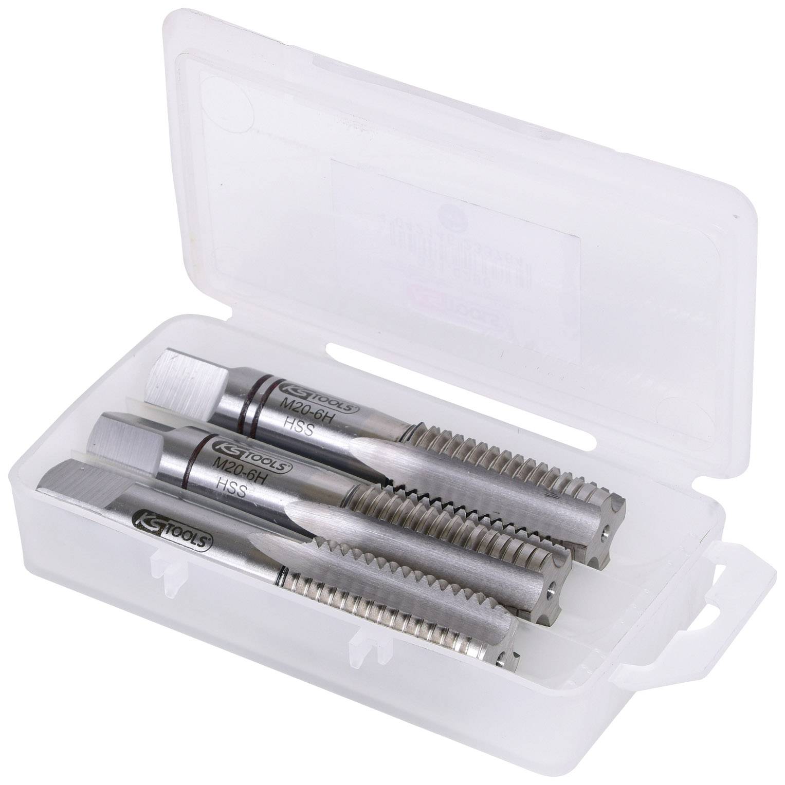 Three metal tap drill bits in a transparent plastic box.