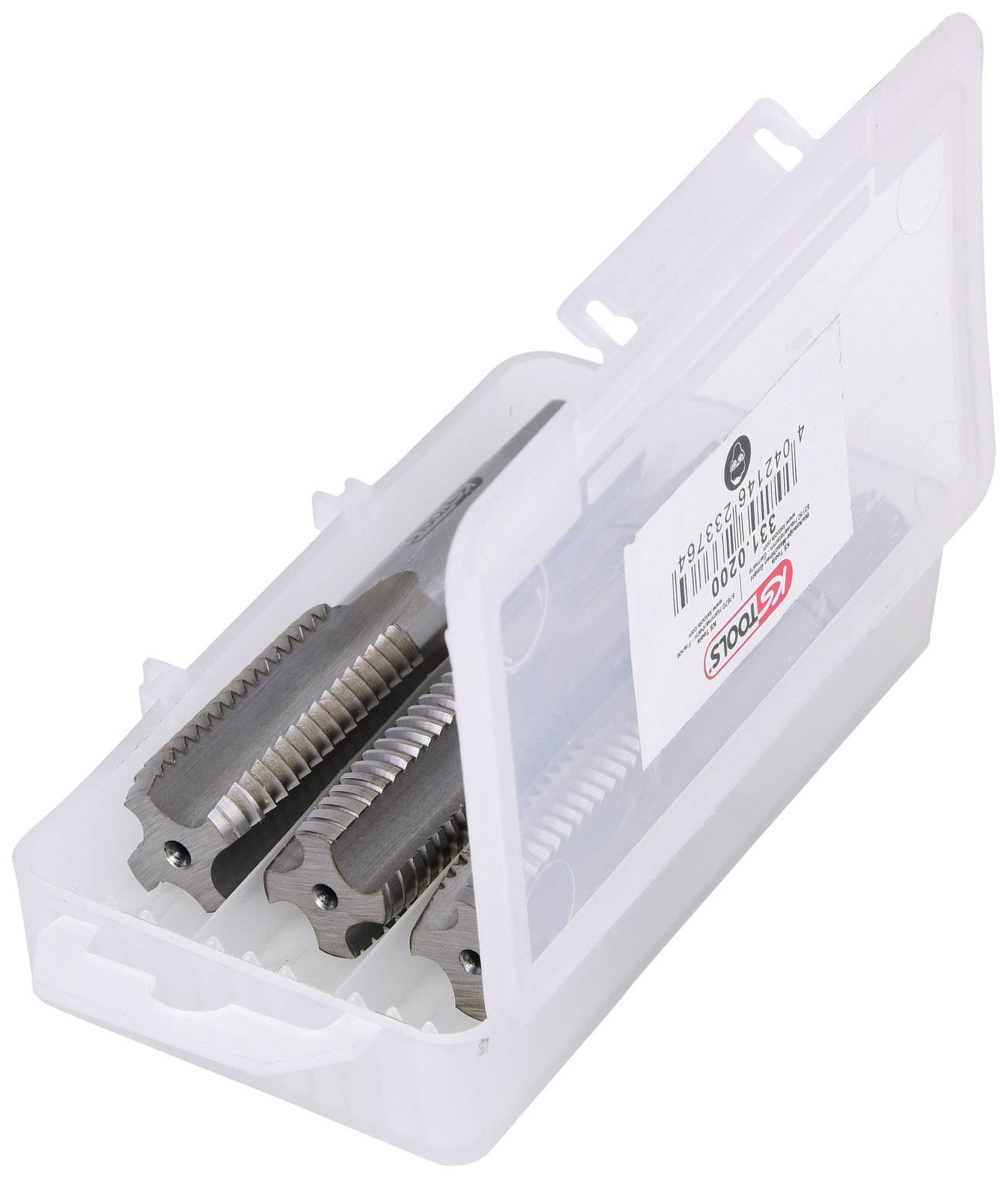 A transparent plastic box with multiple metal threaded drill bits.