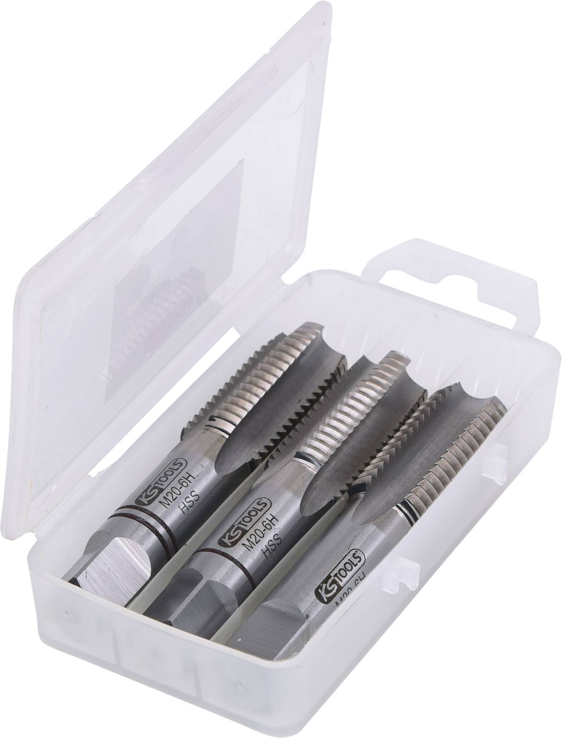 An open plastic case containing three threaded drill bits in different sizes.