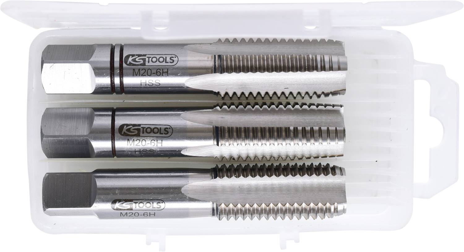 Three tap tools in a transparent box, each labelled with 'KS TOOLS', suitable for M20-6H threads.