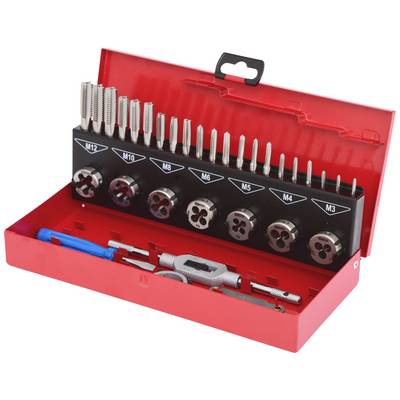 A complete thread cutting tool set in a red box. Contains cutting and threading taps of various sizes from M3 to M12.
