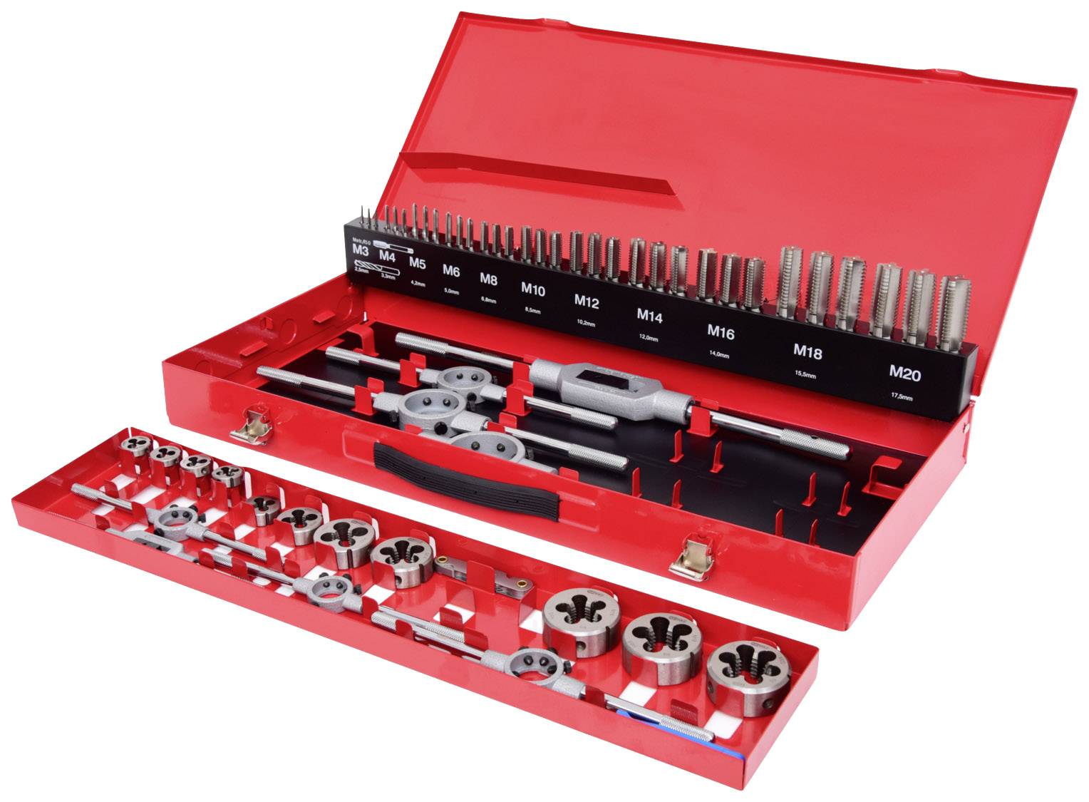 A red metal case with a thread-cutting set. Contains various cutting tools and inserts in organised compartments.