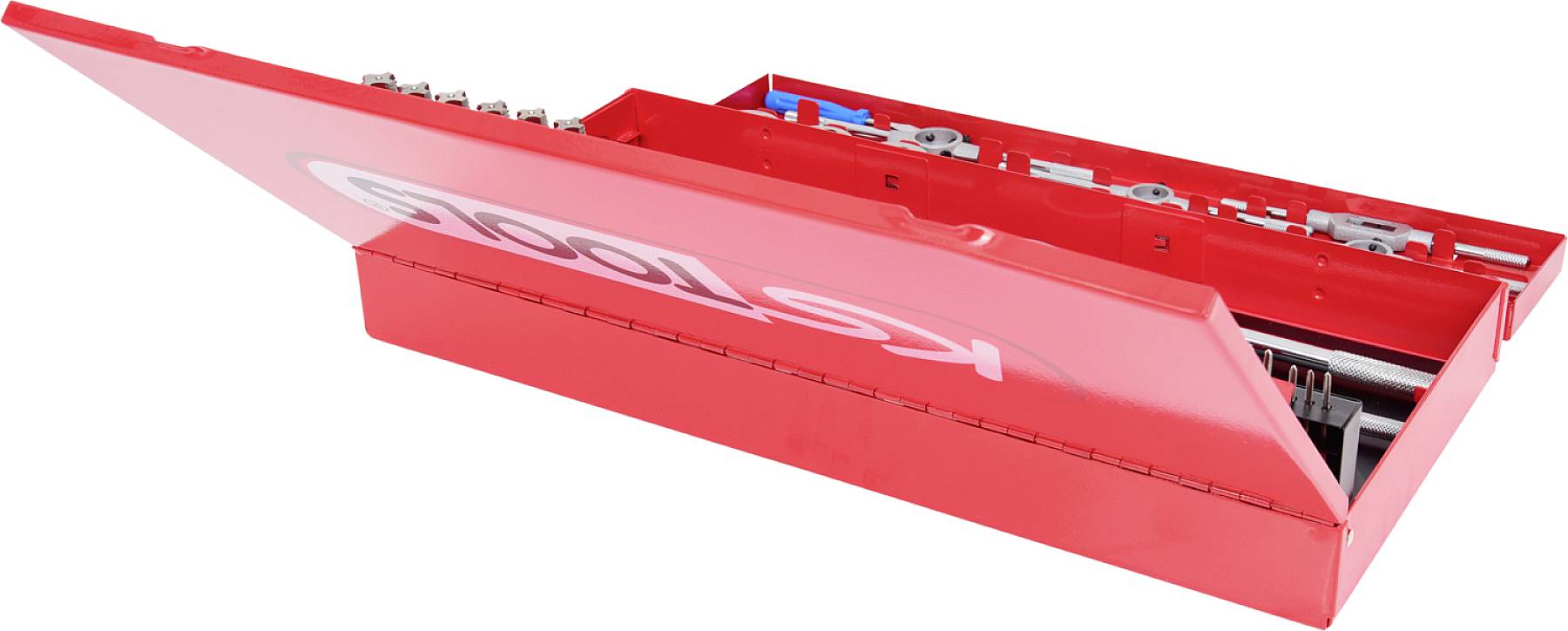 Red toolbox opened, showing various tools and bits in compartments.