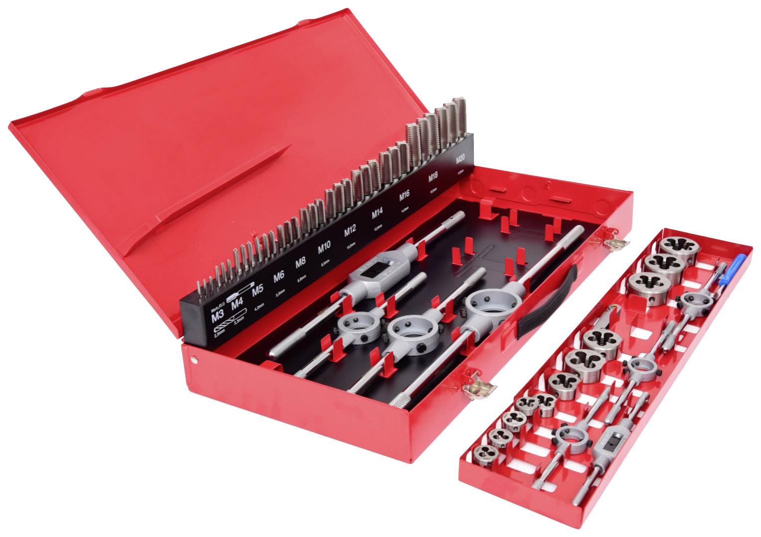 A red metal box with a thread-cutting set. Contains various taps and dies in orderly compartments.