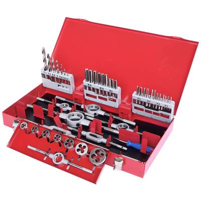 A red metal case contains a tap and die set with various sizes and shapes, neatly arranged.