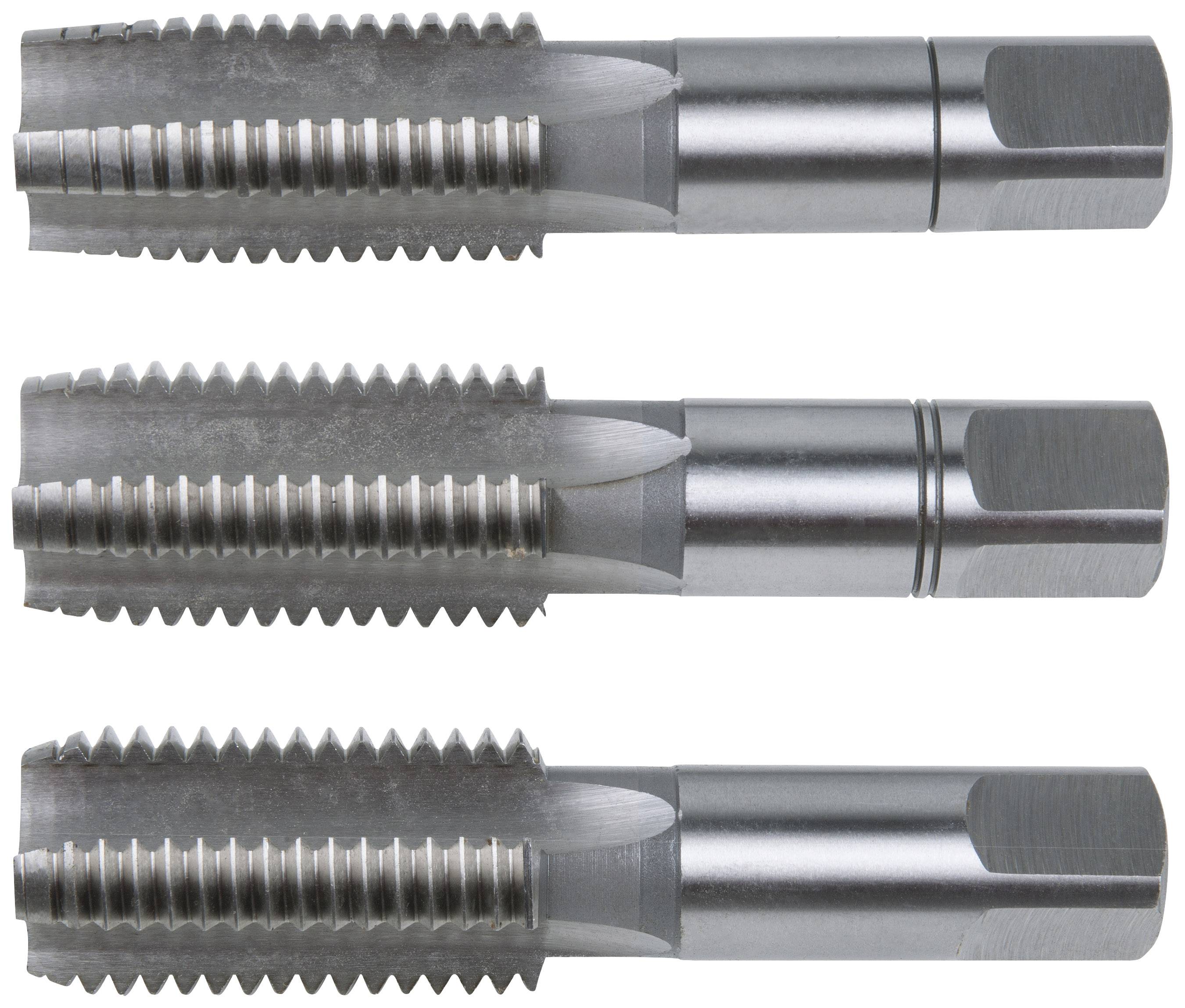 Three silver machine tap drills in a row. They have sharp, uniform cutting edges and are intended for thread cutting.